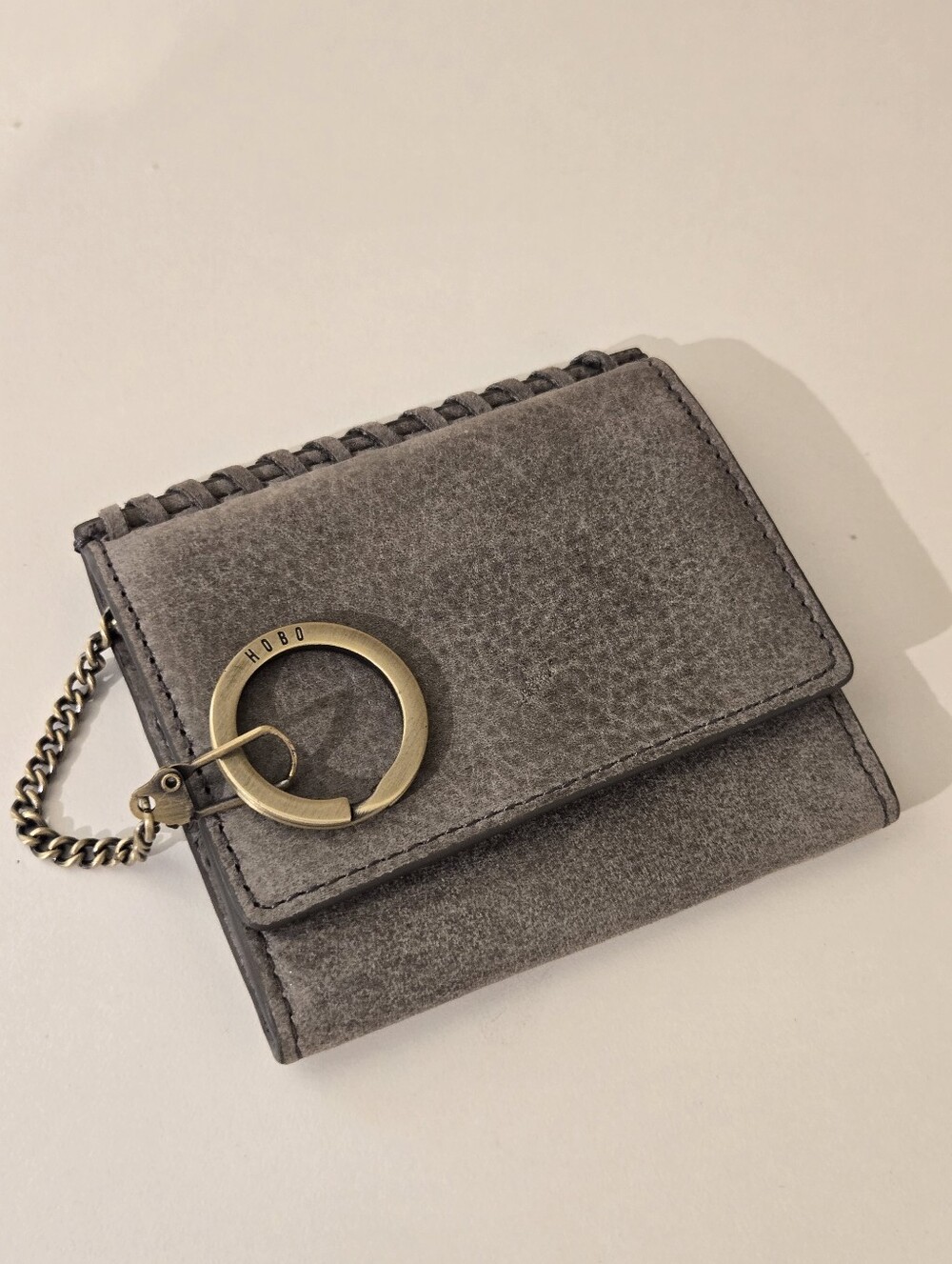 HOBO Small Gray Leather Wallet Snap Coin Purse Brass Keychain Mini Taxi Wallet